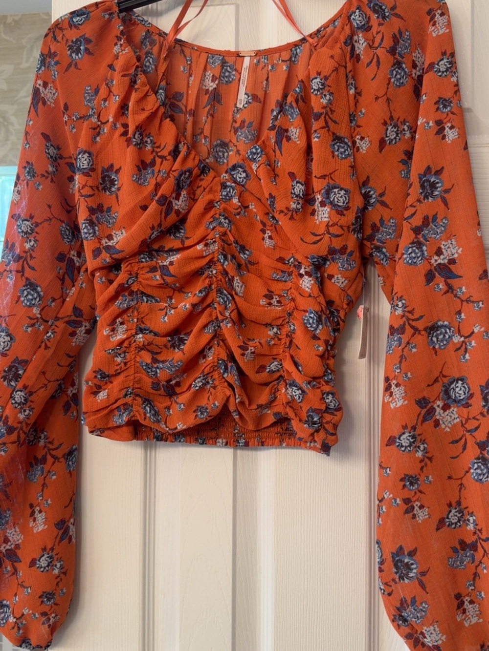 Free People Orange Floral Ruched Long-Sleeve Top